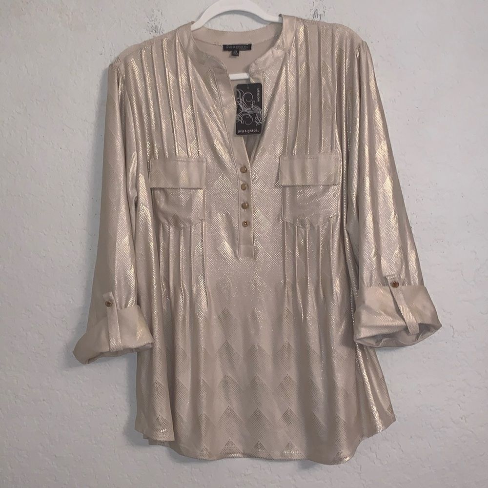 NWT Ava & Grace Gold Shimmer Light Beige Blouse Top Size 2X